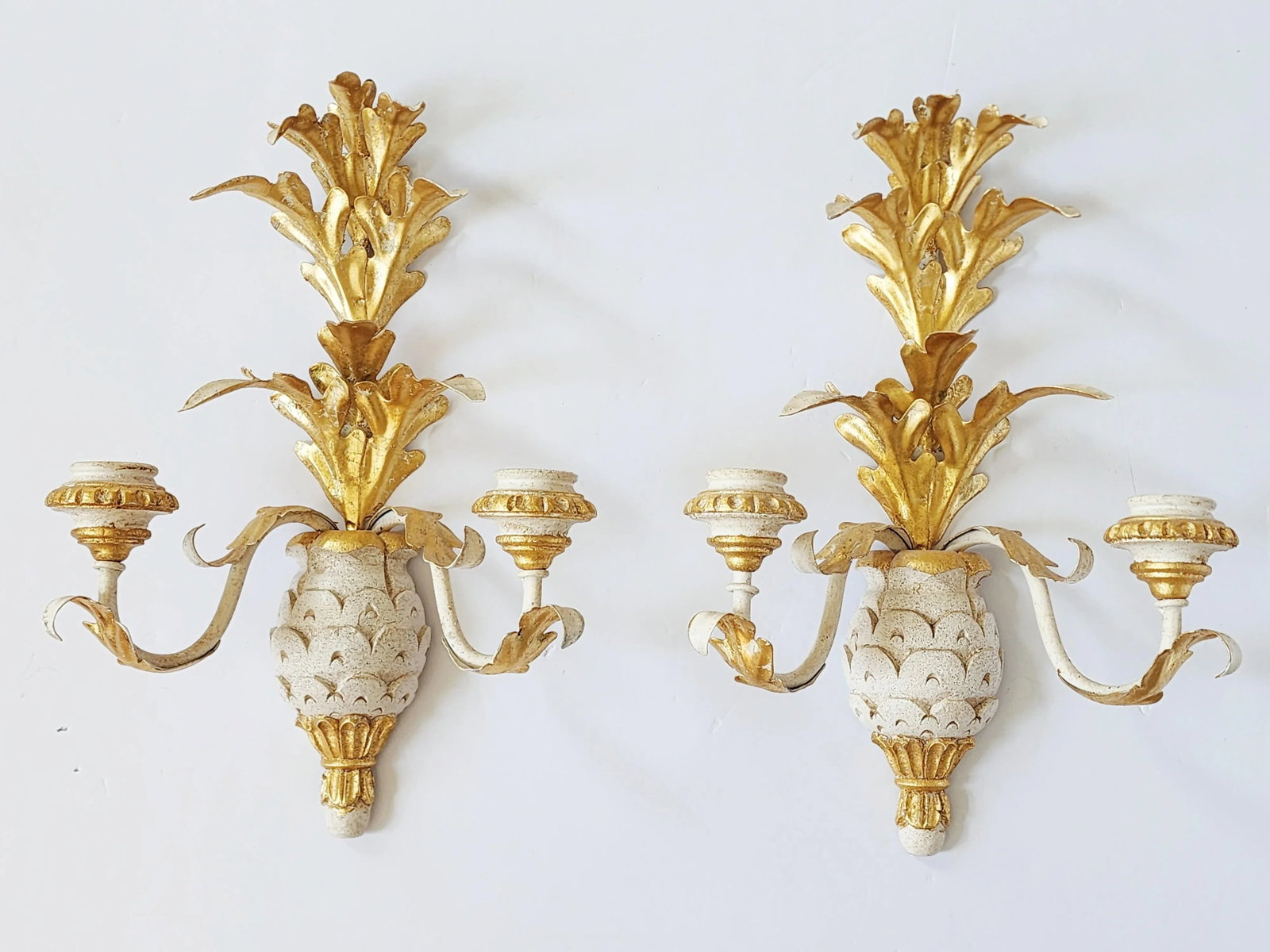 Vintage Italian Giltwood & Tole Pineapple Candle Wall Sconces - 2