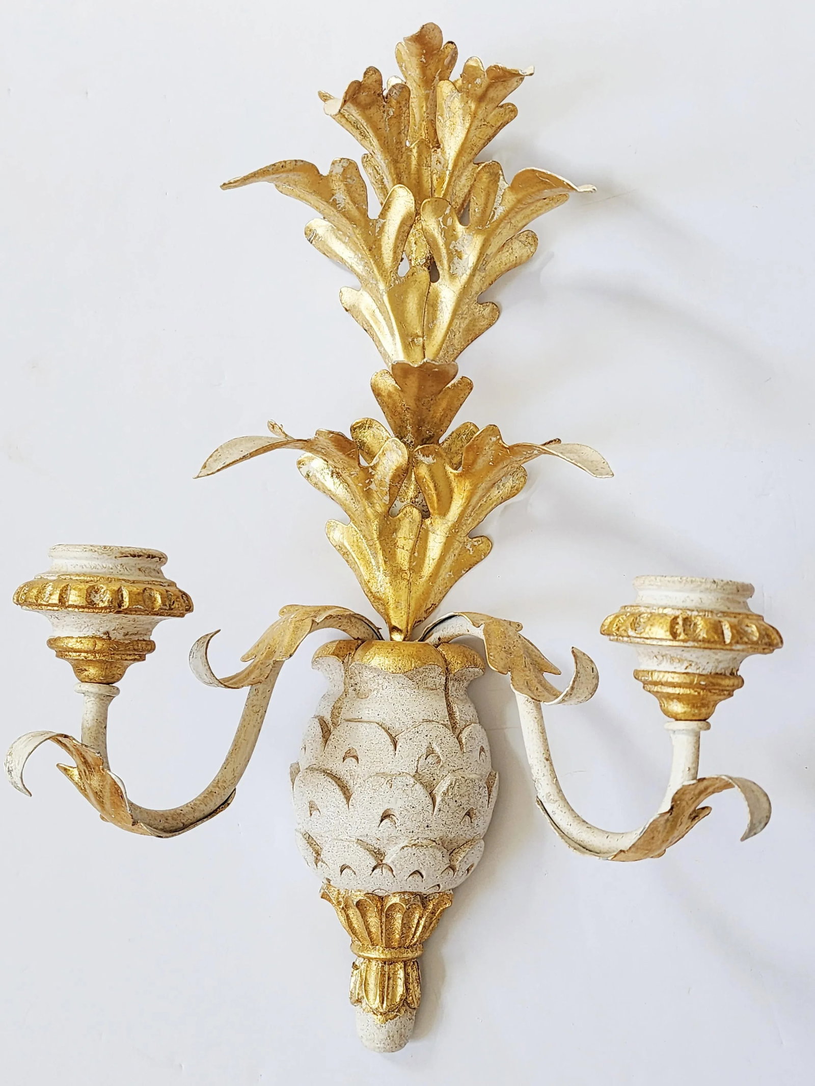 Vintage Italian Giltwood & Tole Pineapple Candle Wall Sconces - 3
