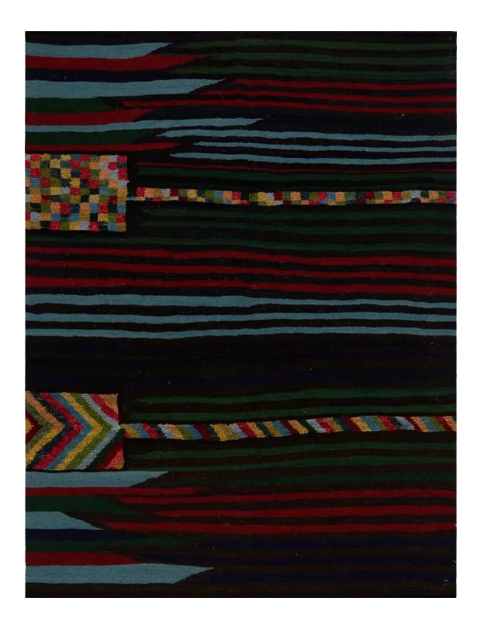 Handwoven Scandinavian Style Persian Kilim Area Rug - 4'5" * 5'9'': This bewitchingly beautiful example of a tribal Kilim area rug features a contemporary pop of electrifying bright colors in a playful mixed-weave design. The creative modern twist of a knotted-pile