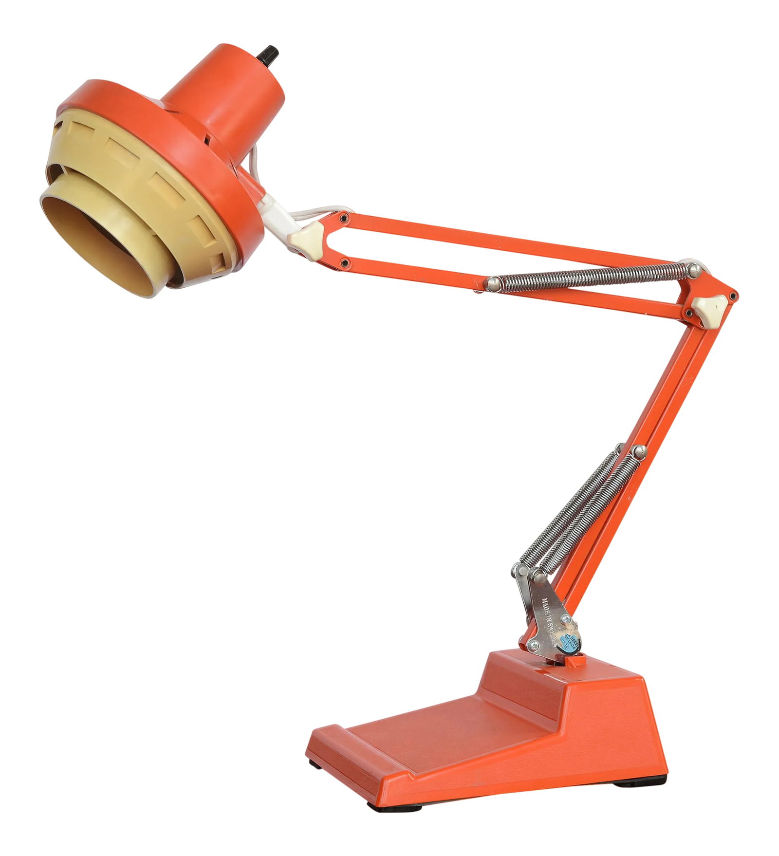 1960s Mid Century Modern Swedish Anglepoise Orange Desk Lamp: Super cool and rare mid century modern Swedish articulating desk lamp in a bright orange finish. Shade and weighted base are made of plastic while the articulating arms are made of metal. The arms