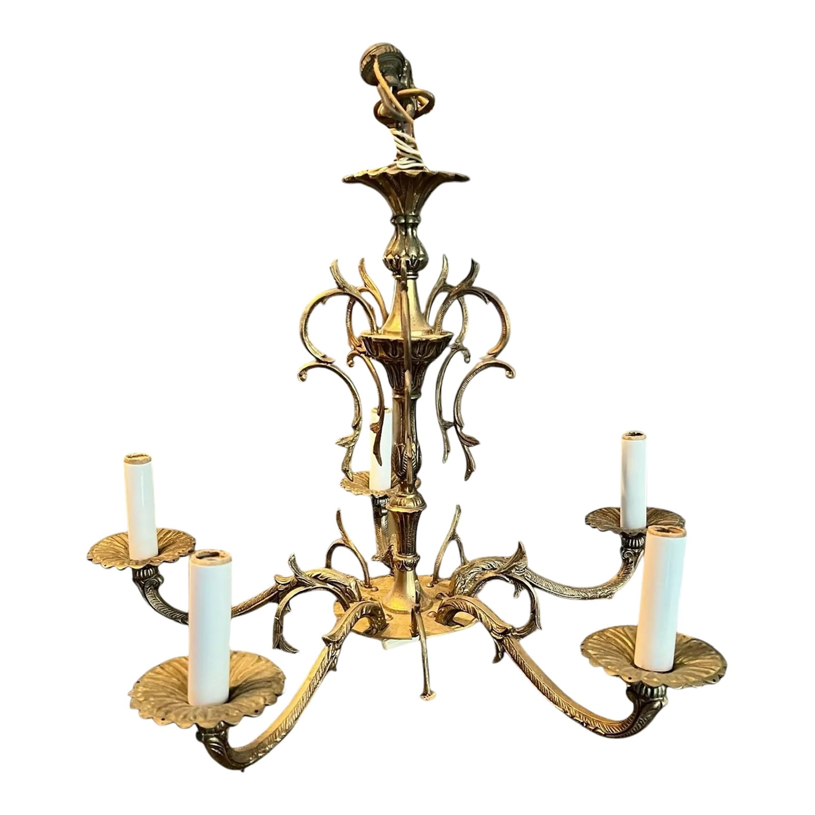 Vintage Hollywood Regency Brass Chandelier 5 Light-Gothic Spanish Revival-as Is: Vintage 5-light chandelier with dramatic Hollywood Regency and Spanish Revival styling, likely made in the United States circa 1960s-1970s. Ornate scrolling arms, shell-form bobeches, and