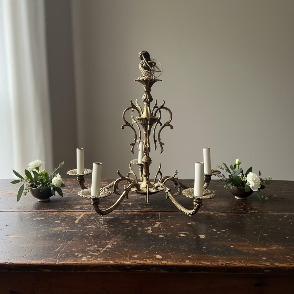 Vintage Hollywood Regency Brass Chandelier 5 Light-Gothic Spanish Revival-as Is - 2