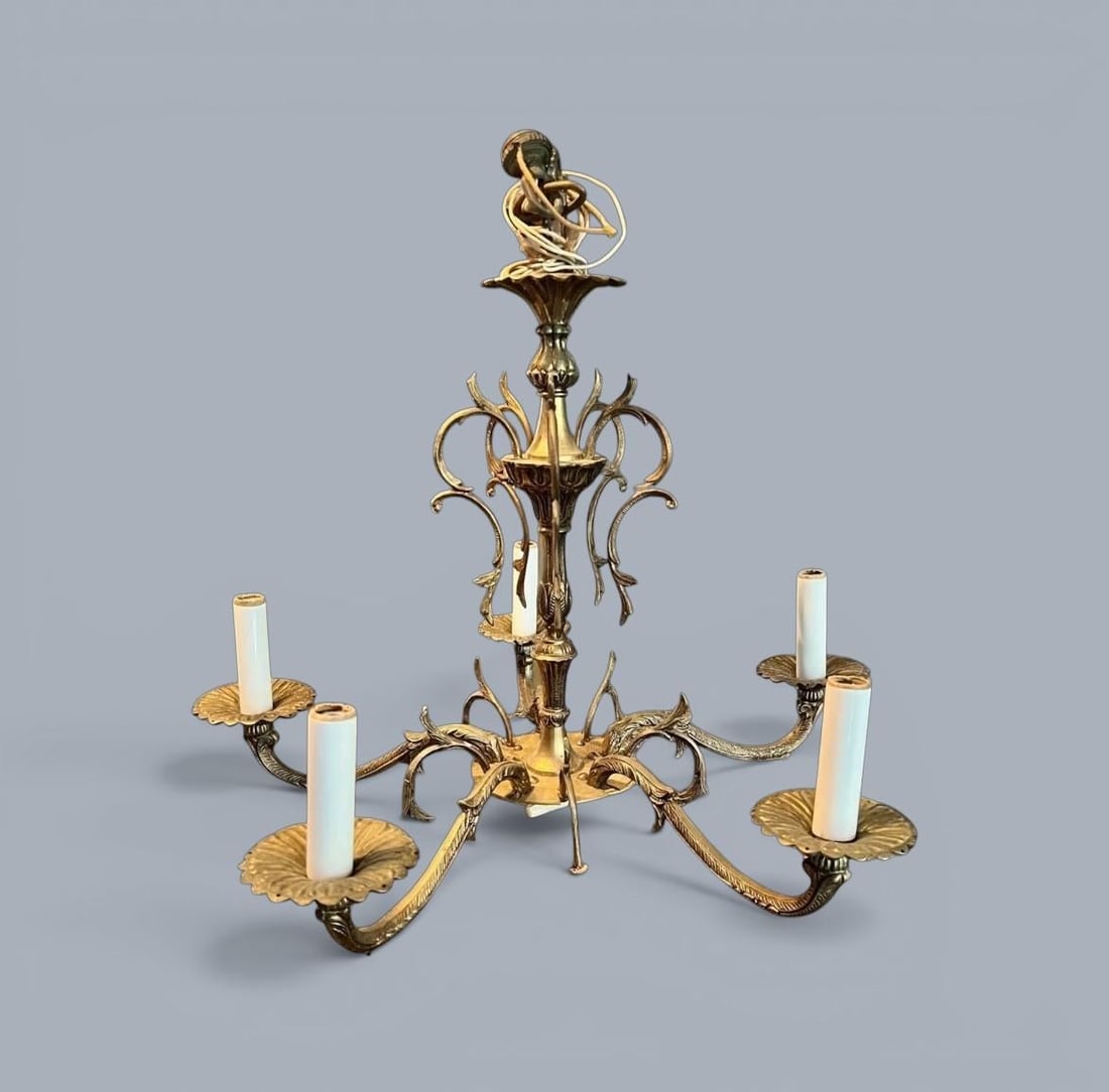Vintage Hollywood Regency Brass Chandelier 5 Light-Gothic Spanish Revival-as Is - 4