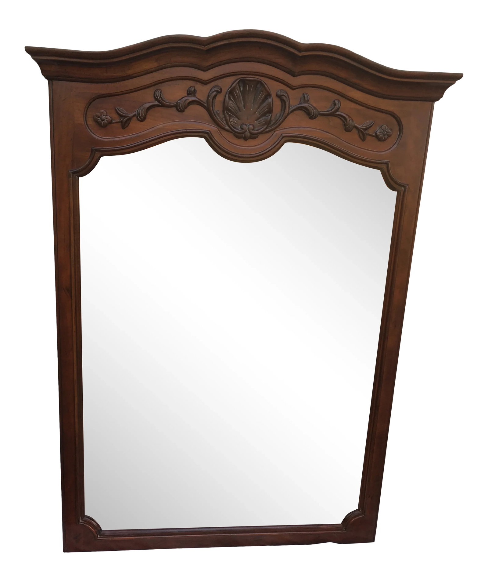 1990s Century Furniture Cherry "Chardeau Collection" Mirror: Pristine Century Furniture "Chardeau Collection" wall mirror. Shell and floral garland motif, cherry wood. Measures 51" high x 37" wide x 2.5" deep. Can hang or mount to a dresser. Circa 1990's