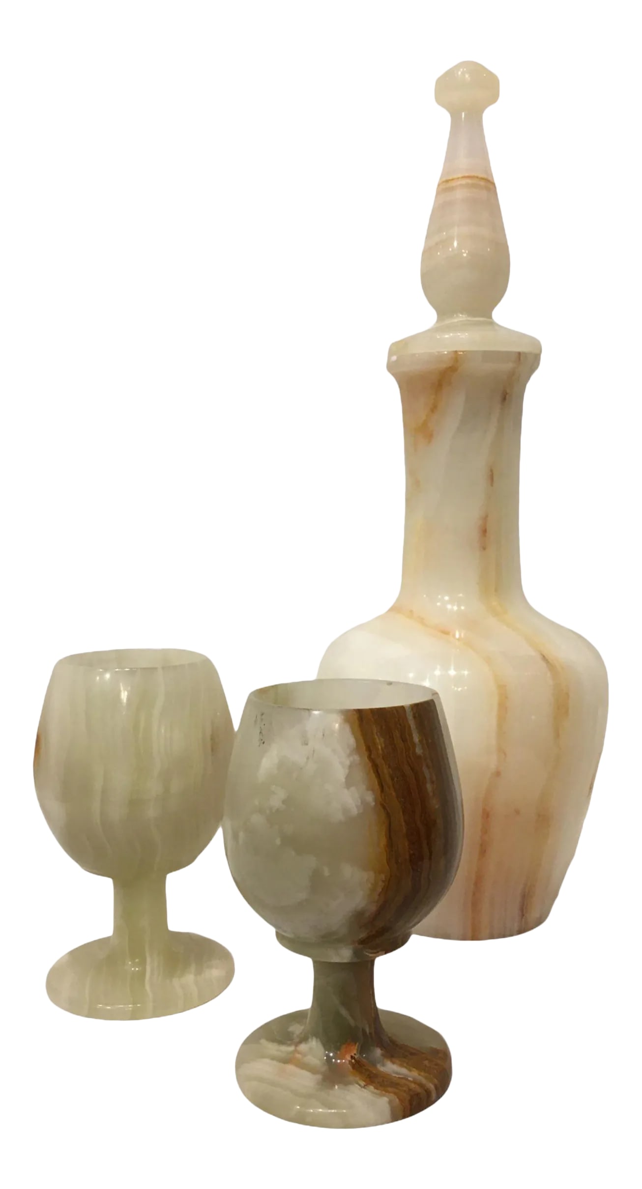 1940s Italian Mid-Century Carved Marble Decanter With Matching Goblets Wine Glass Set - 3 Pieces: Beautiful Italian Mid Century Carved Marble Decanter with Matching Goblets Wine Glasse Set Set includes 2 wine glasses measure: 5x2.75 (measurements are in inches) Decanter measures 15x 5 Condition: