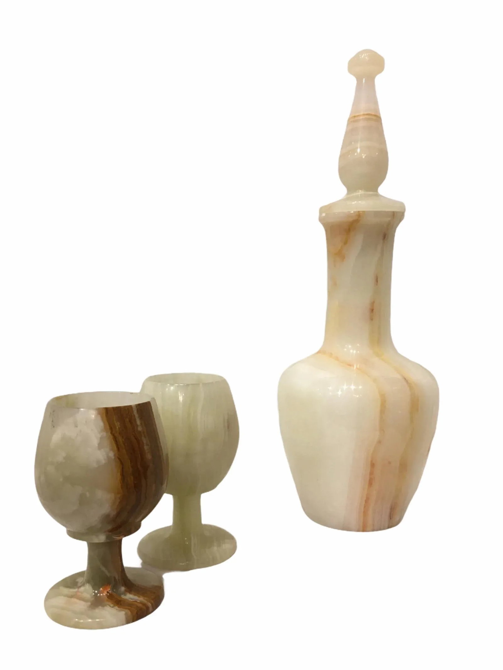 1940s Italian Mid-Century Carved Marble Decanter With Matching Goblets Wine Glass Set - 3 Pieces - 2