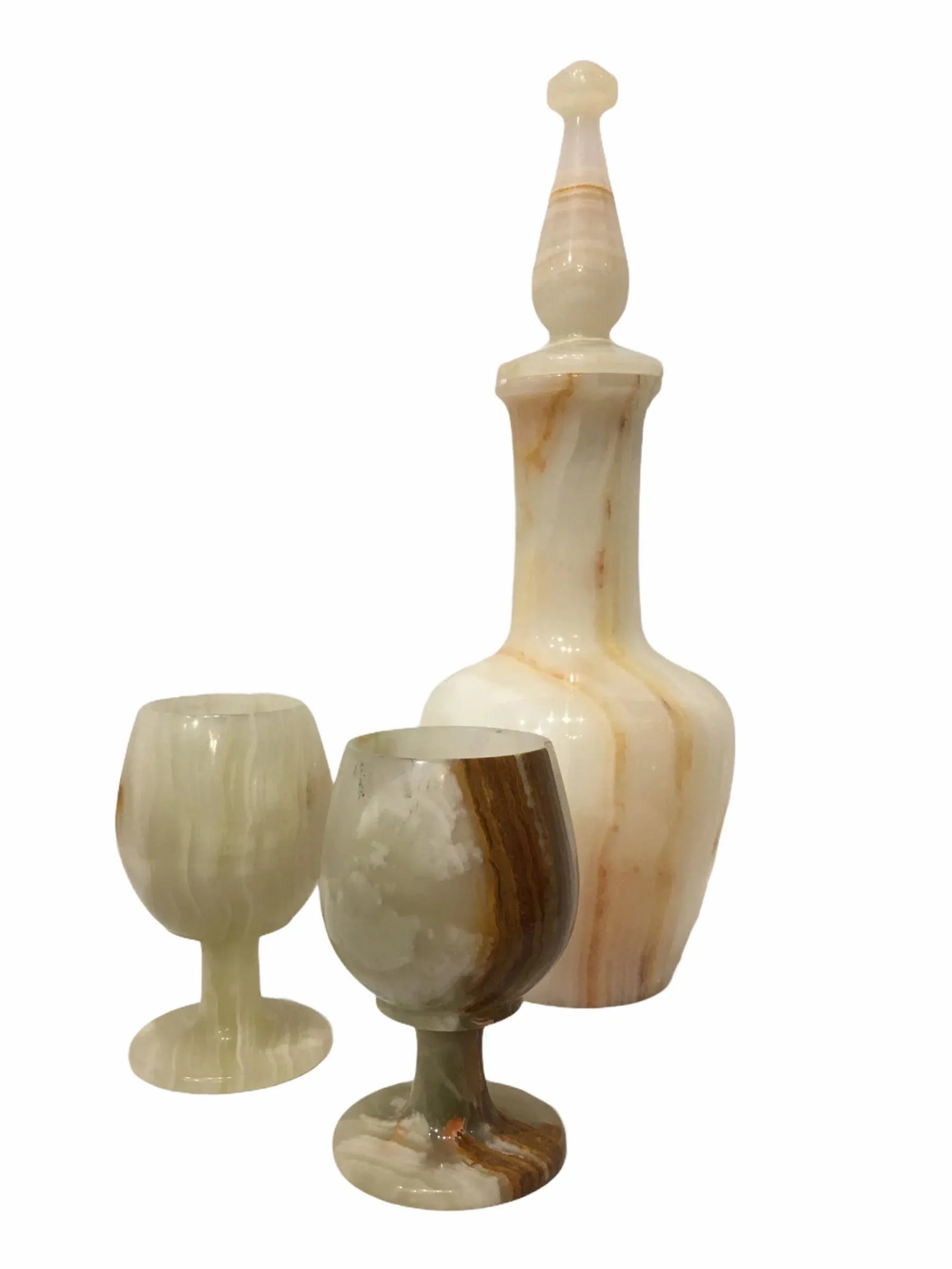 1940s Italian Mid-Century Carved Marble Decanter With Matching Goblets Wine Glass Set - 3 Pieces - 8