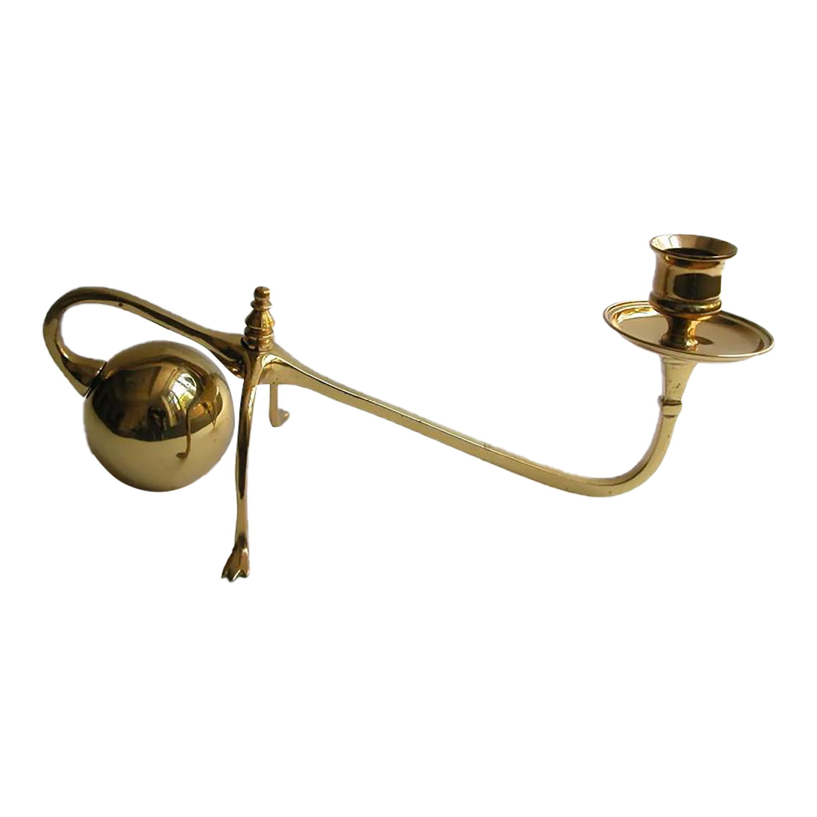 1960s w.a.s Benson Style English Arts and Crafts Brass Cannonball Candlestick Holder: Unique vintage mid century W.A.S. Benson style Arts and Crafts brass cannonball counterbalance candle holder. Heavy brass ball balances a single candle holder with drip tray. 4.75''W * 13''D * 6.5''H
