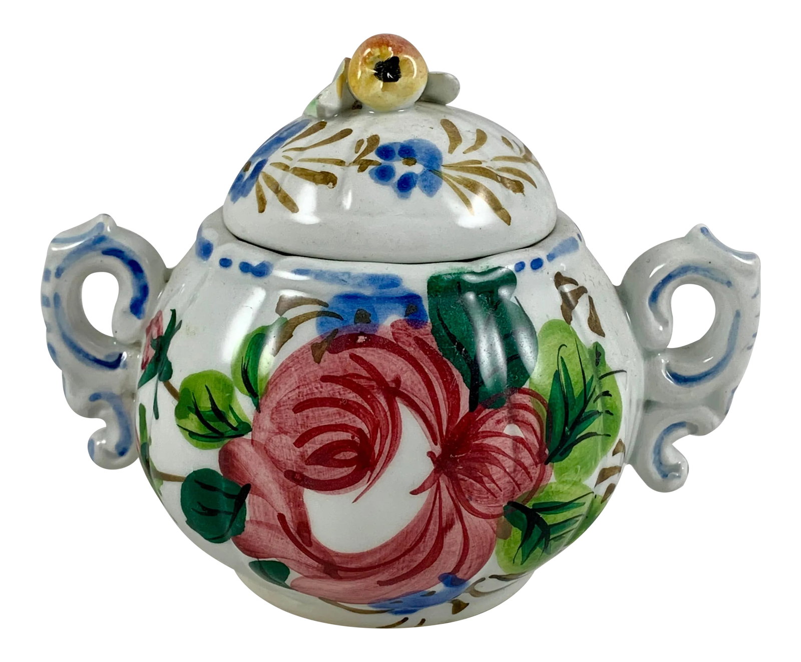 Italian Renaissance Revival Faience Nove Rose Floral Sugar Bowl: In the Renaissance Revival Rose pattern from the Barrettoni gia Antonibon pottery in Nove, Italy, a covered and handled sugar bowl, circa 1930s. A charming hand painted piece in an overall floral