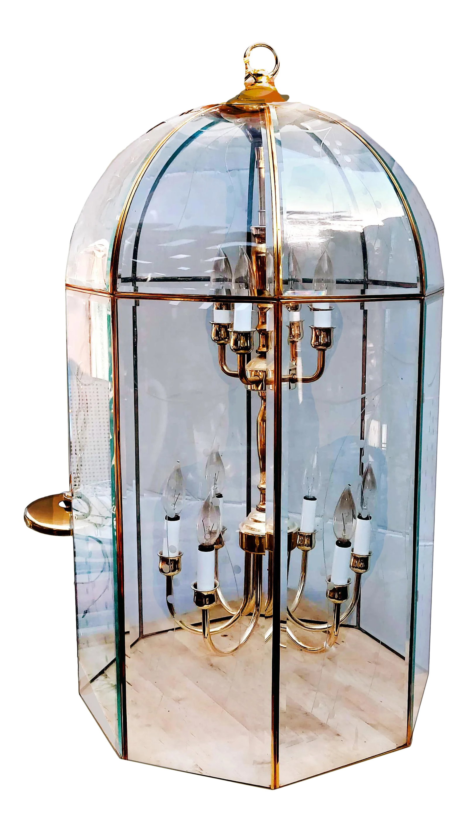 Large Octagonal Bent Beveled Glass and Brass Lantern Style Pendant Chandelier: Every grand entrance needs the ideal lighting fixture. This monumental pendant lantern style iconic mid-century brass, two-tiered chandelier is destined for a new home. Placement could be indoors in