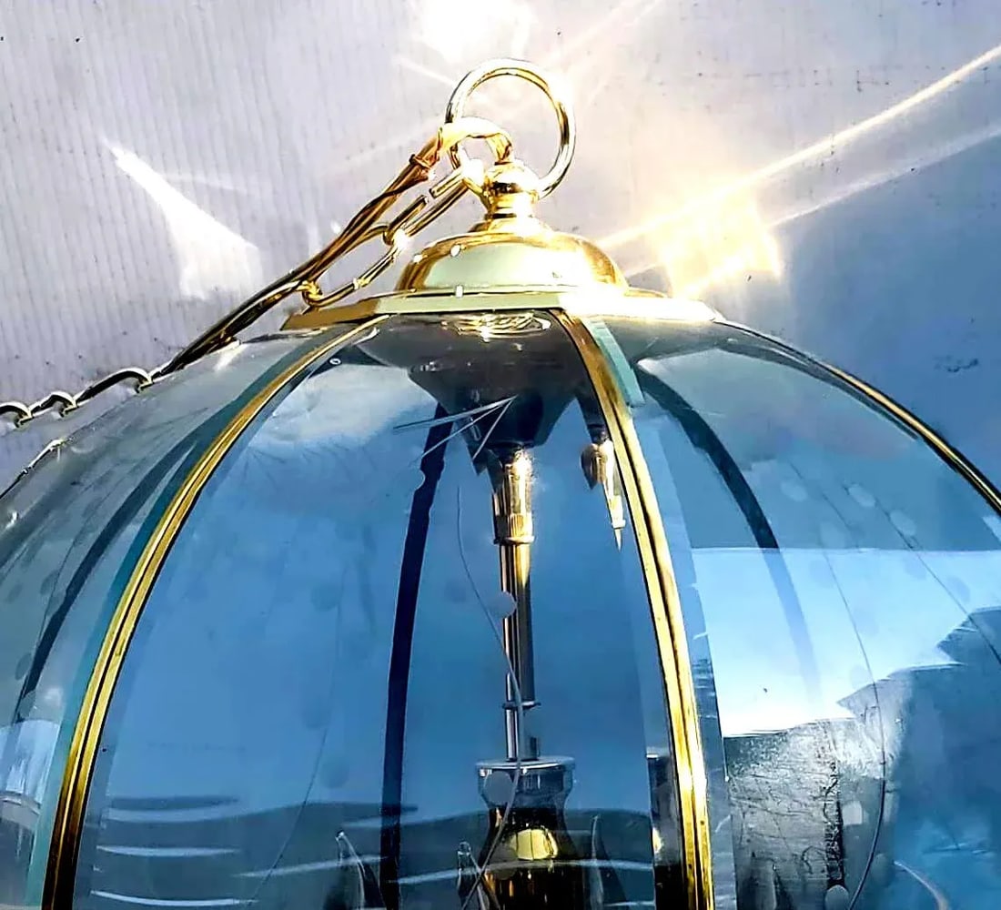 Large Octagonal Bent Beveled Glass and Brass Lantern Style Pendant Chandelier - 2