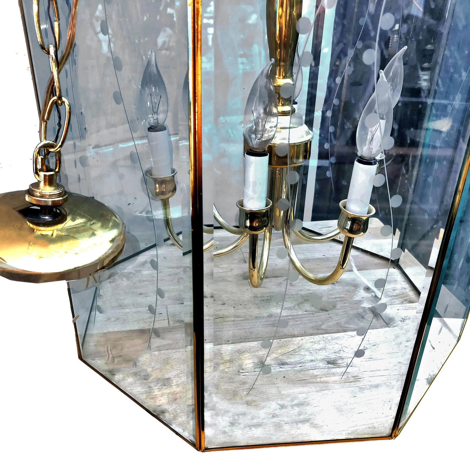 Large Octagonal Bent Beveled Glass and Brass Lantern Style Pendant Chandelier - 3