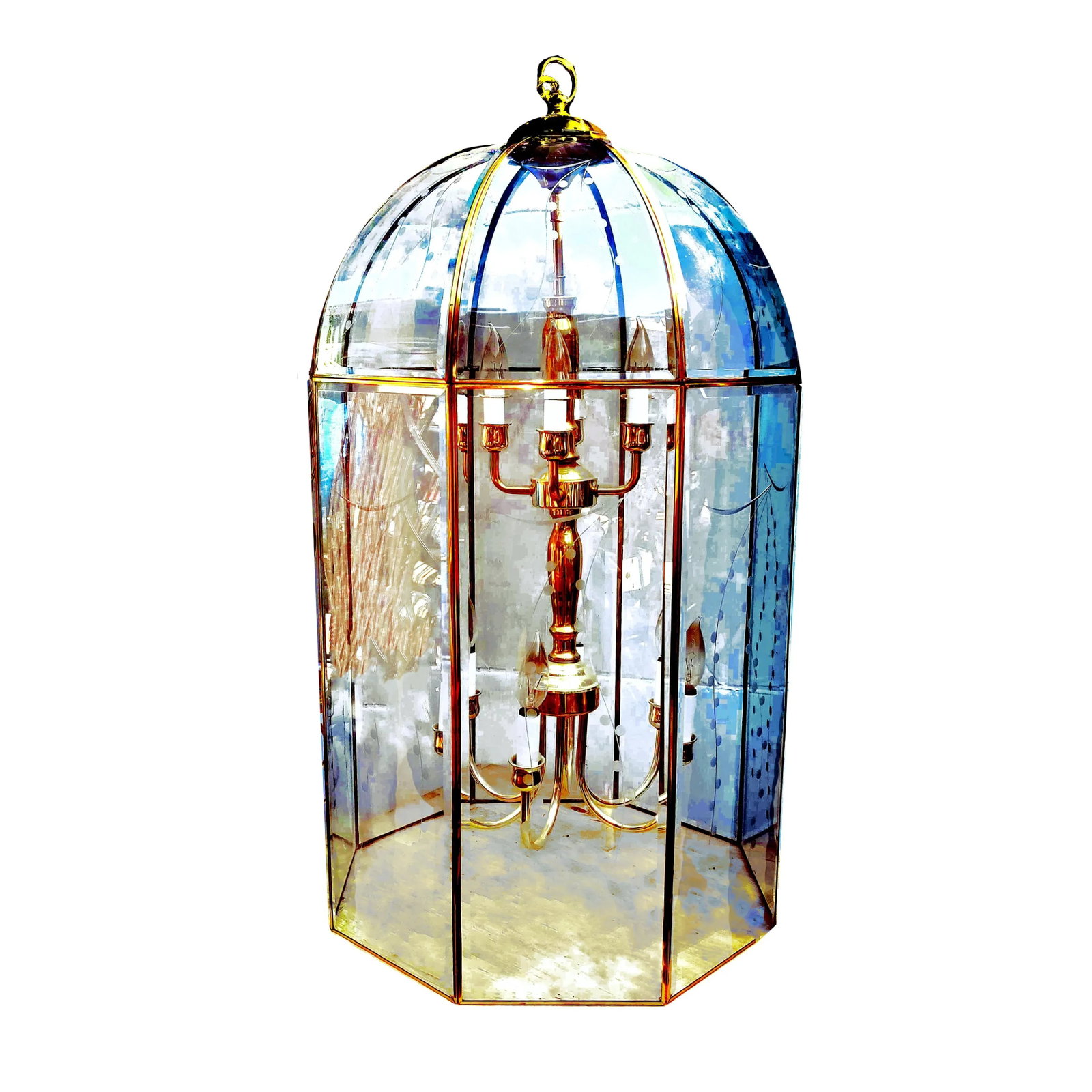 Large Octagonal Bent Beveled Glass and Brass Lantern Style Pendant Chandelier - 4