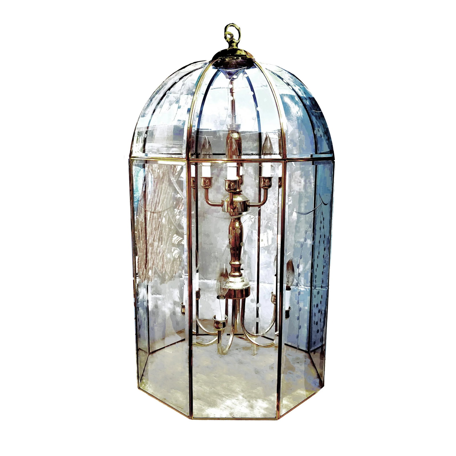 Large Octagonal Bent Beveled Glass and Brass Lantern Style Pendant Chandelier - 5