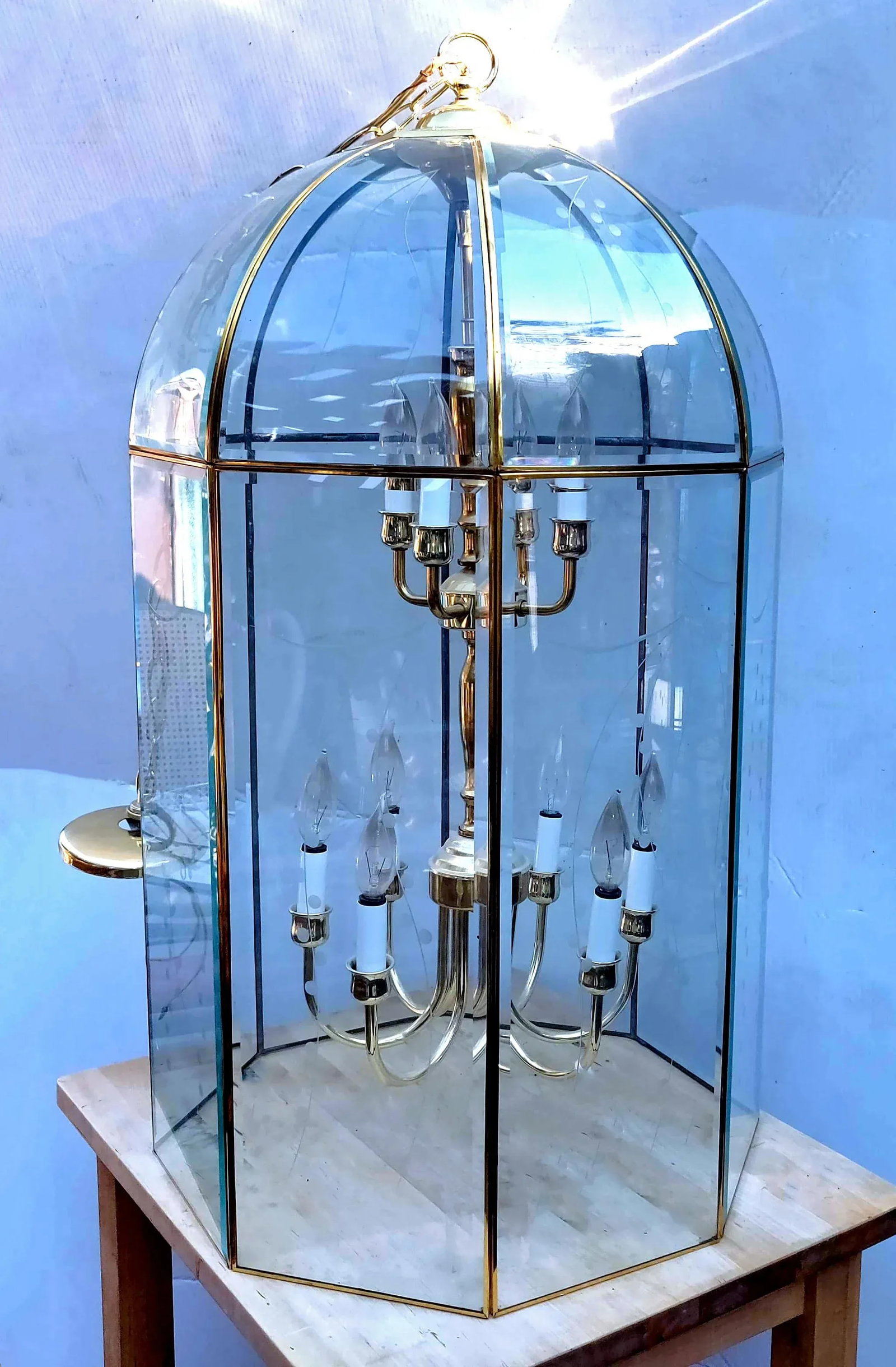 Large Octagonal Bent Beveled Glass and Brass Lantern Style Pendant Chandelier - 6