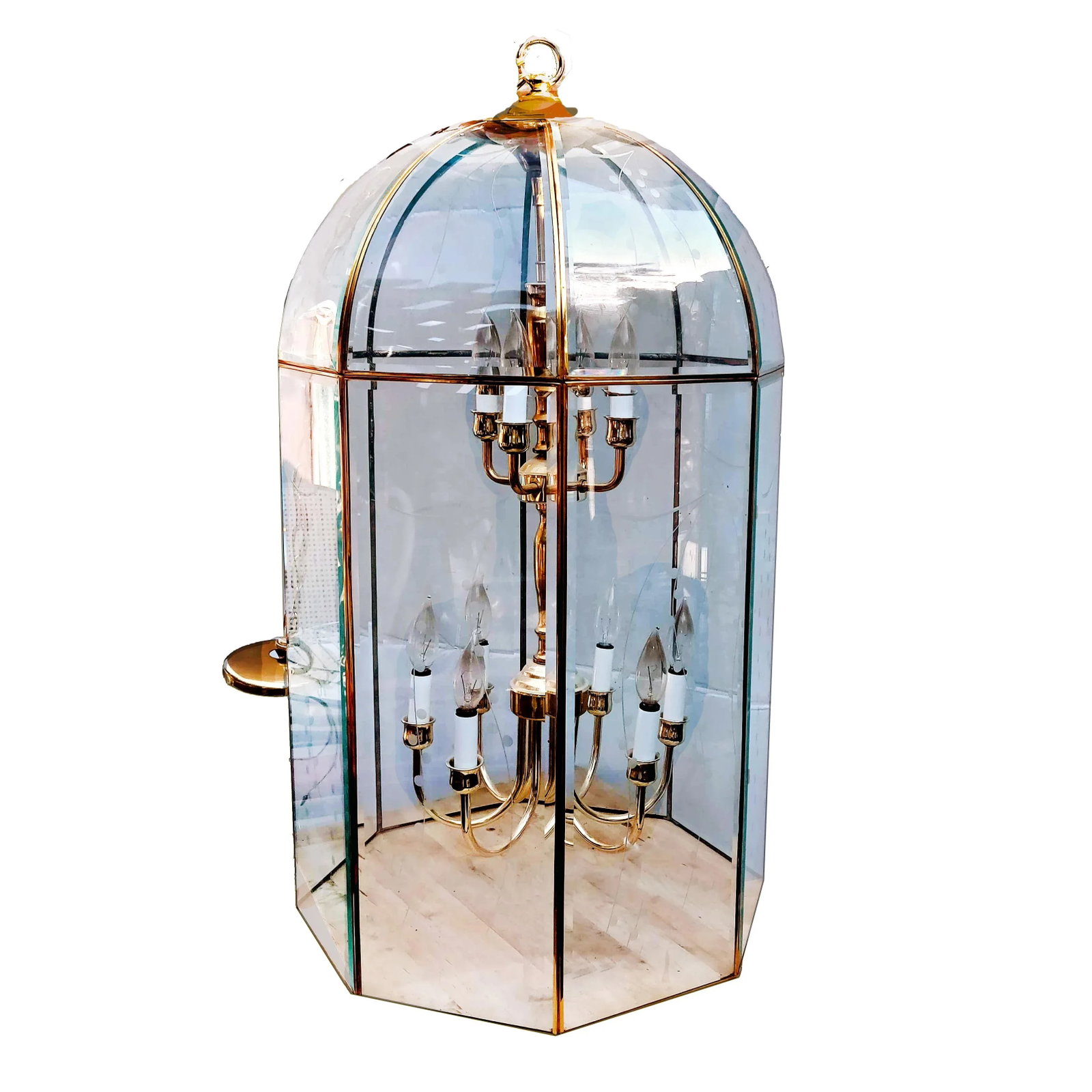 Large Octagonal Bent Beveled Glass and Brass Lantern Style Pendant Chandelier - 7