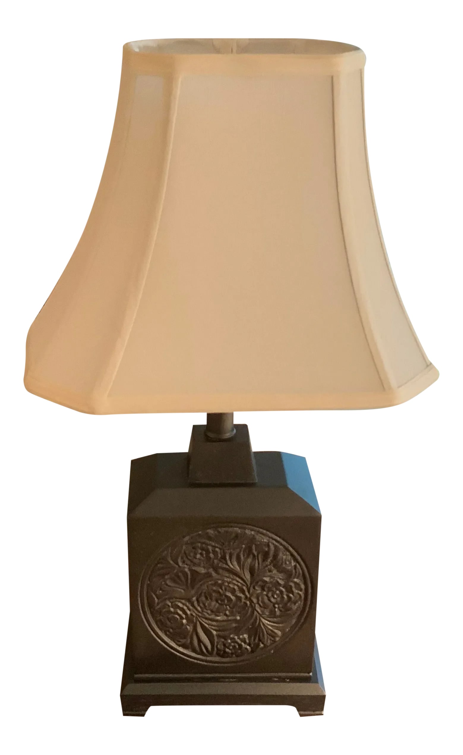 Vintage 1970s Chinese Gray Silver Painted Lamp: Unique lovely painted metal Asian lamp. A terrific addition to any room. Lamp height is 14" to top of socket. You choose the shade - white or black. Condition: Alterations: Original Condition