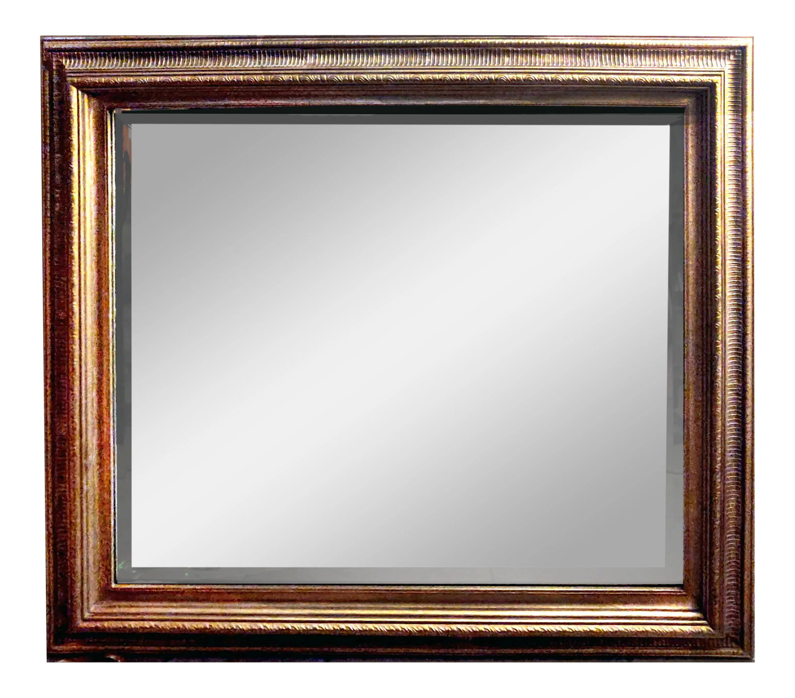 French Louis XVI Style Gold Painted Rectangular or Horizontal Beveled Mirror: French Louis XVI style gold painted rectangular or horizontal beveled wall mirror. There is a makers mark discoverable that appears as an inked stamp en verso, however it is illegible. Condition: Alte