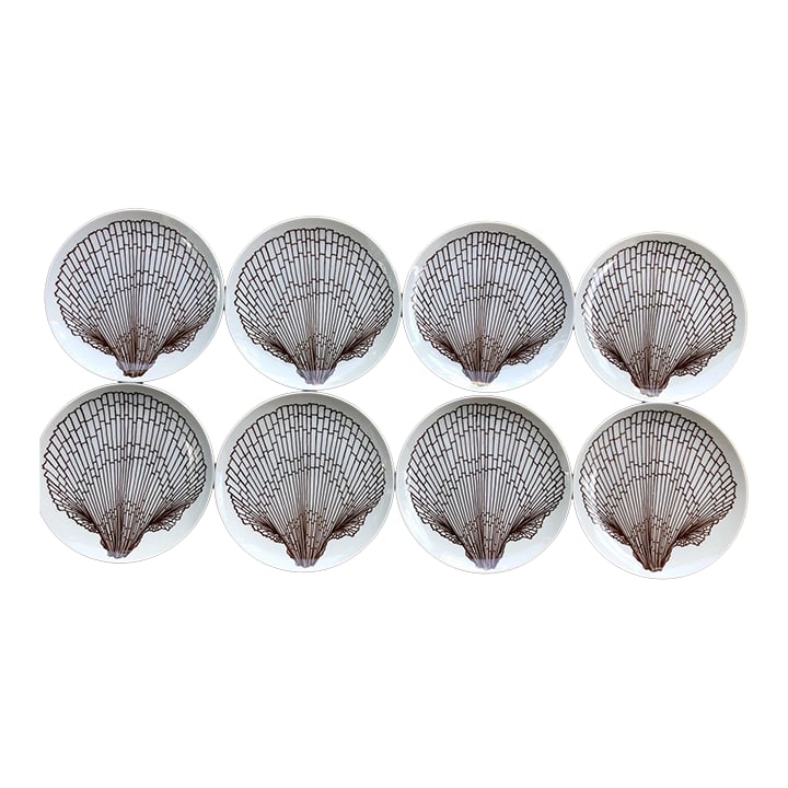 Vintage Fitz & Floyd Brown Shell Porcelain Salad Dessert Plates- Set of 8: Bring coastal charm to your table with this set of 8 Fitz & Floyd Brown Shell porcelain salad or dessert plates. Beautifully crafted with a textured seashell design and finished in warm brown tones,
