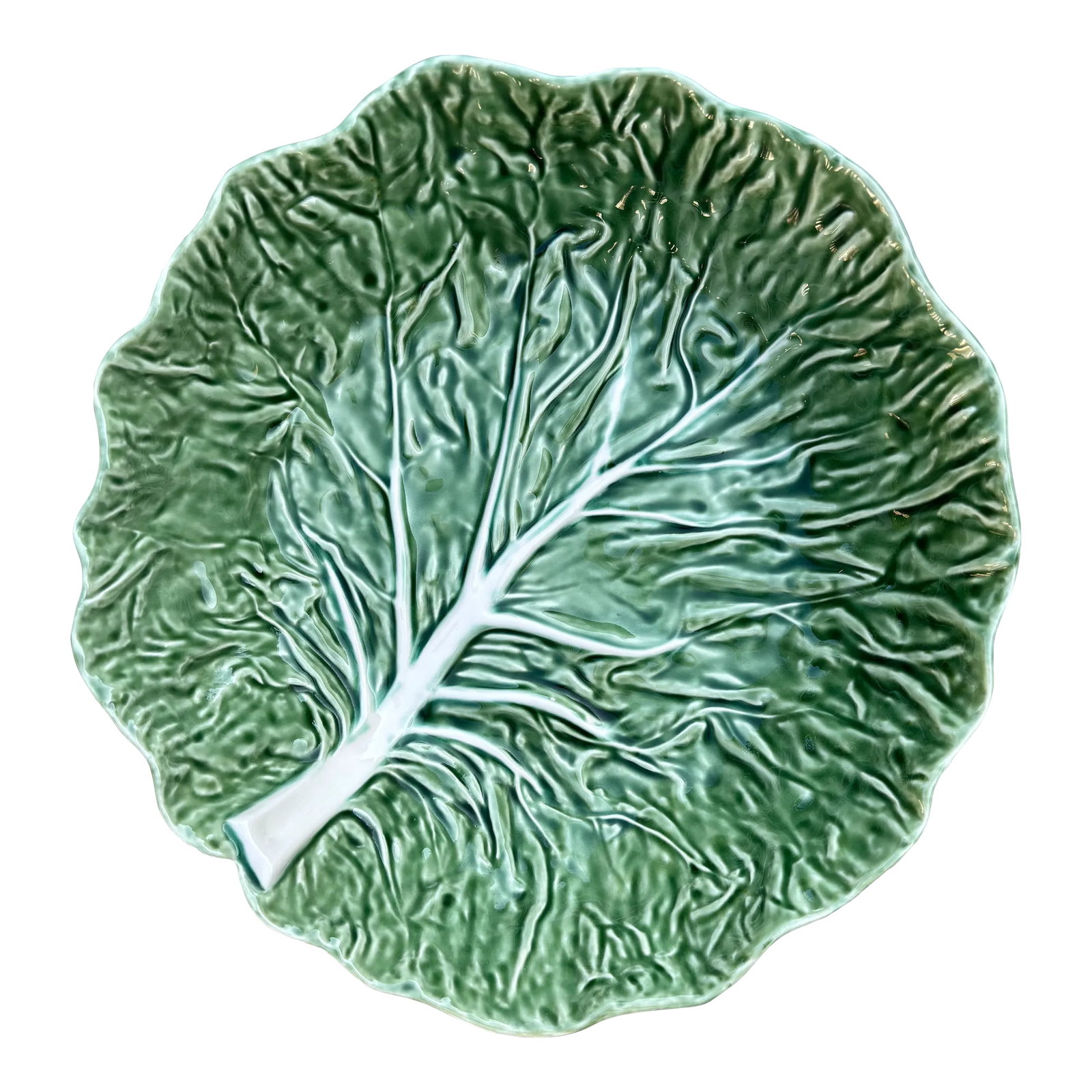 1990s Bordallo Pinherio Large Cabbage Serving Bowl: Beautiful green cabbage large serving bowl by Bordallo Pinherio. It is can be used as a salad, pasta, vegetable or fruit serving bowl. Made in Portugal by Bordallo Pinherio who is known for their