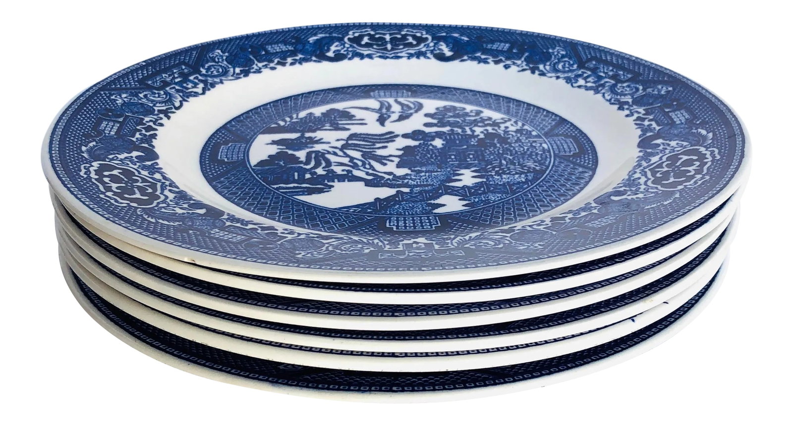Vintage Blue Willow Luncheon (6) Plates 9.25" Usa: Vintage Blue Willow Luncheon (6) Plates, 1-chip, 9.25" dia., USA. Condition: Alterations: Original Condition Unaltered Imperfections: Some Imperfections Condition Notes: Excellent Origin: United