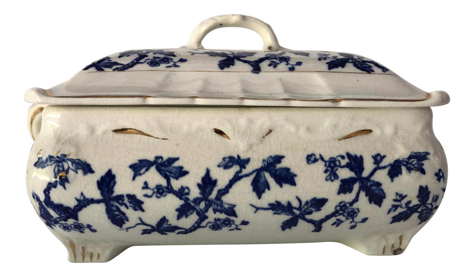 Antique Blue and White Covered Serving Bowl: Antique blue and white covered serving bowl, marked "hard semi warranted porcelain" no chips or cracks but heavily grazing. 8"X 8" with out handles Condition: Alterations: Original Condition