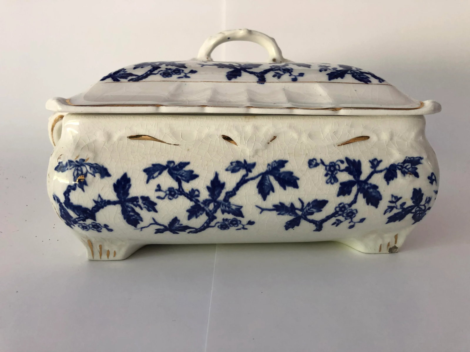 Antique Blue and White Covered Serving Bowl - 6