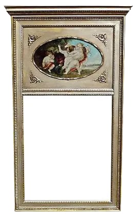 Vintage Cherub Oil Painting Trumeau Mirror: Vintage; 1910-1950, French, Louis XVI-style, cherub, oil painting, trumeau mirror with an oil painting of frolicking cherubs in a garden. Acanthus leaf decoration. Beveled mirror. Condition: minor wea