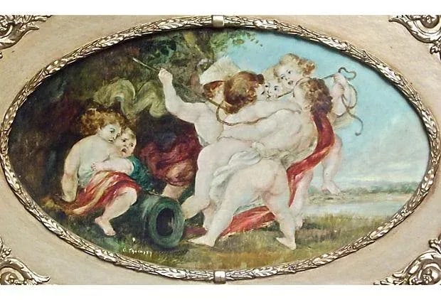 Vintage Cherub Oil Painting Trumeau Mirror - 3