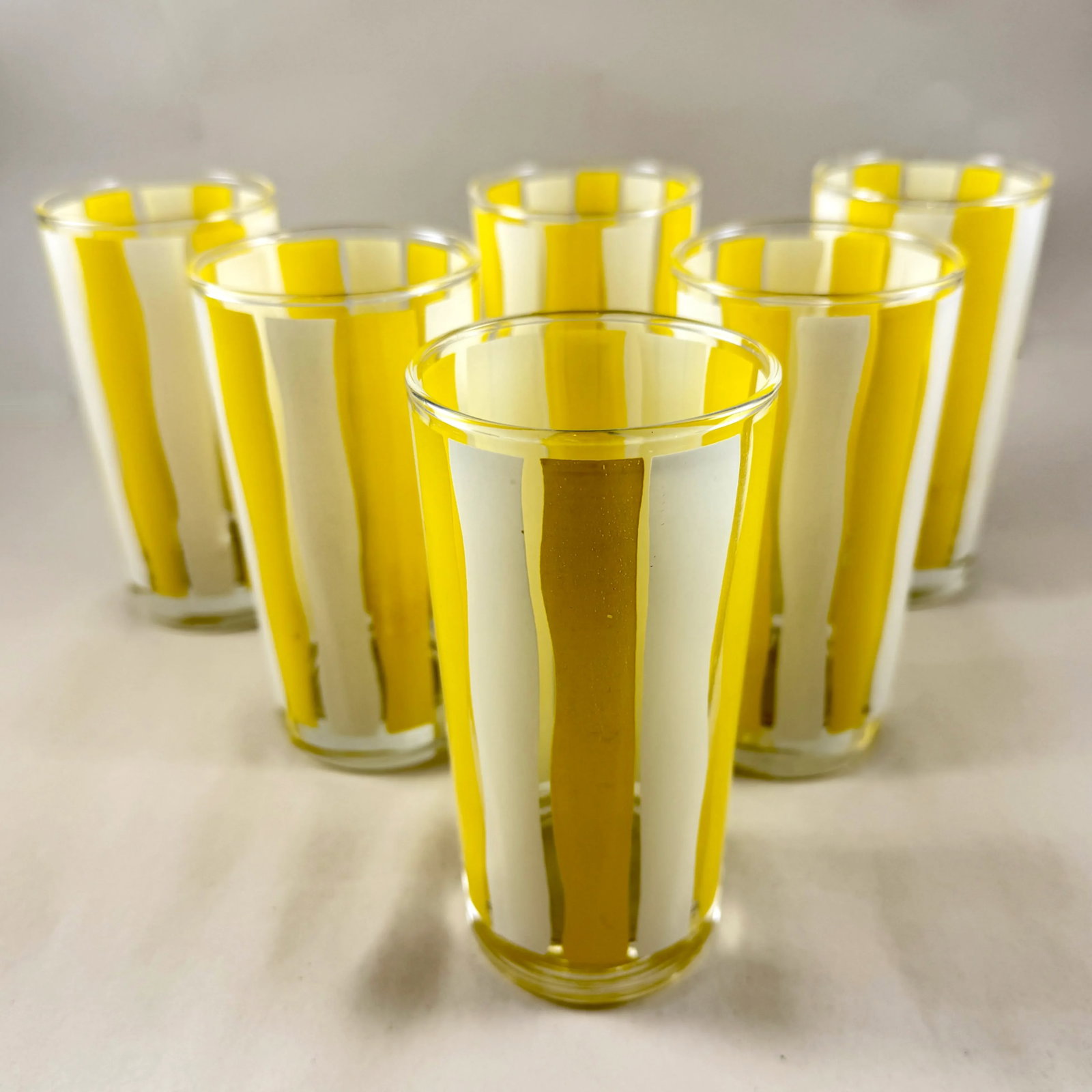 Mid-Century Modern Yellow & White Striped Highball Glasses, Set of Six - 6