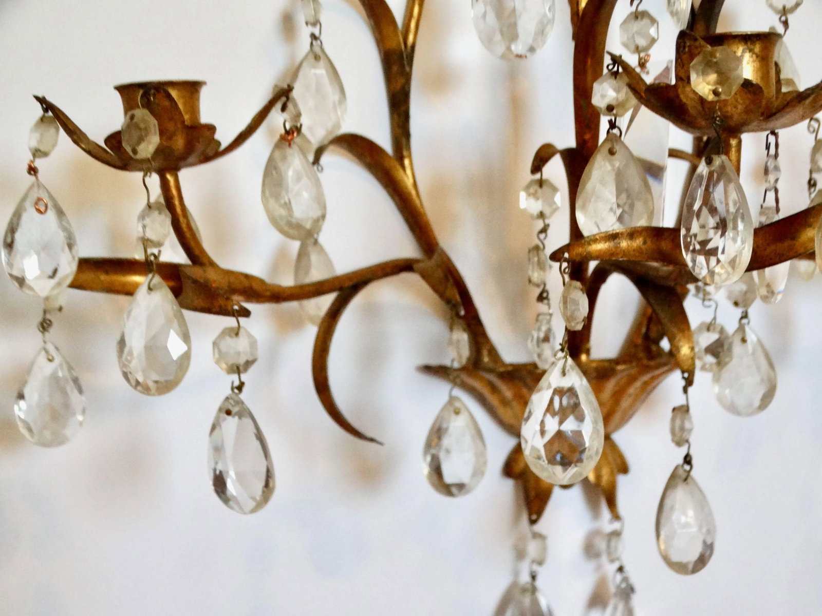 Italian Tole Gold Triple Arm Candle Wall Sconce With Crystals - 11