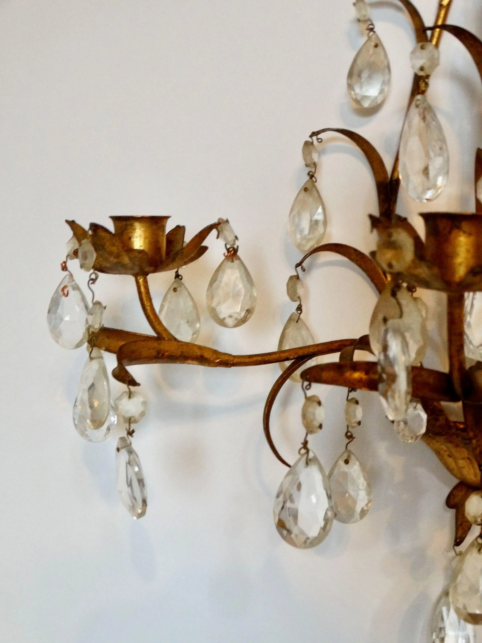 Italian Tole Gold Triple Arm Candle Wall Sconce With Crystals - 12