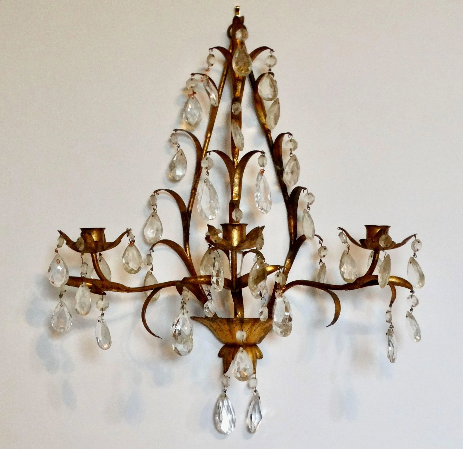 Italian Tole Gold Triple Arm Candle Wall Sconce With Crystals - 2