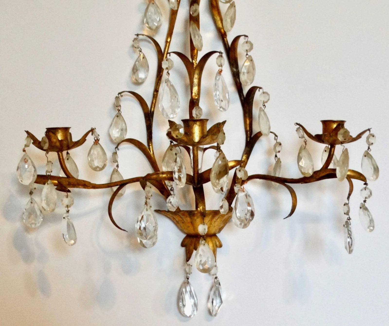 Italian Tole Gold Triple Arm Candle Wall Sconce With Crystals - 3