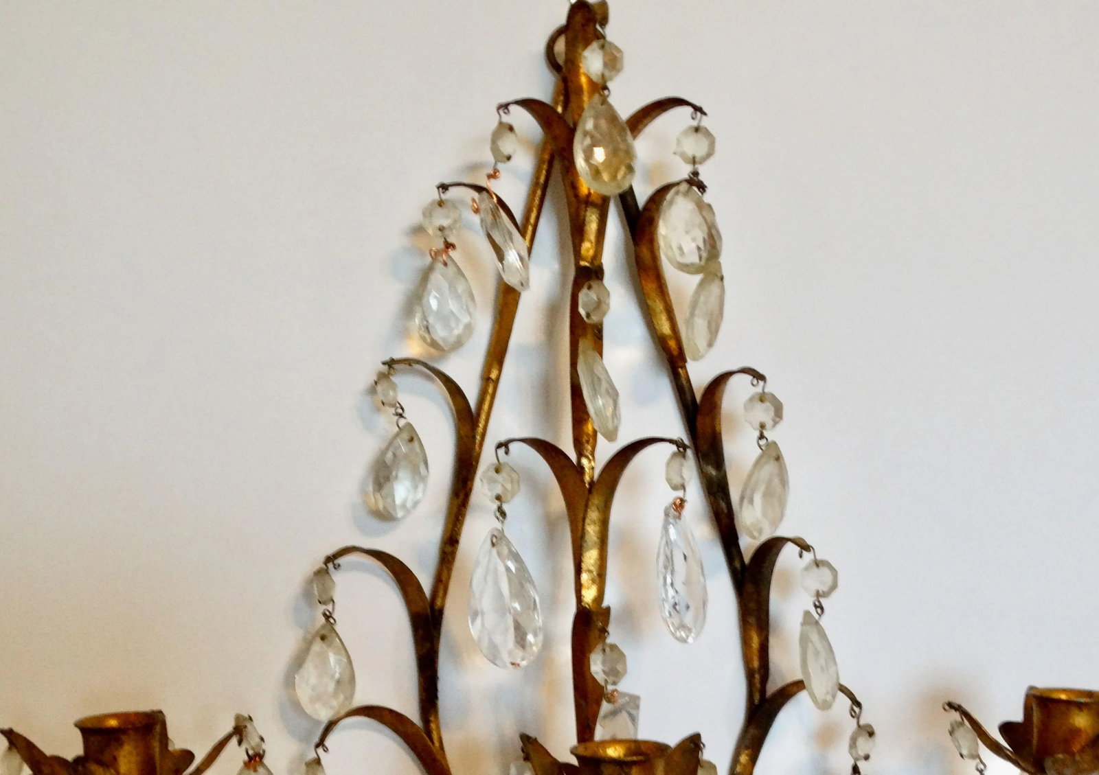 Italian Tole Gold Triple Arm Candle Wall Sconce With Crystals - 4