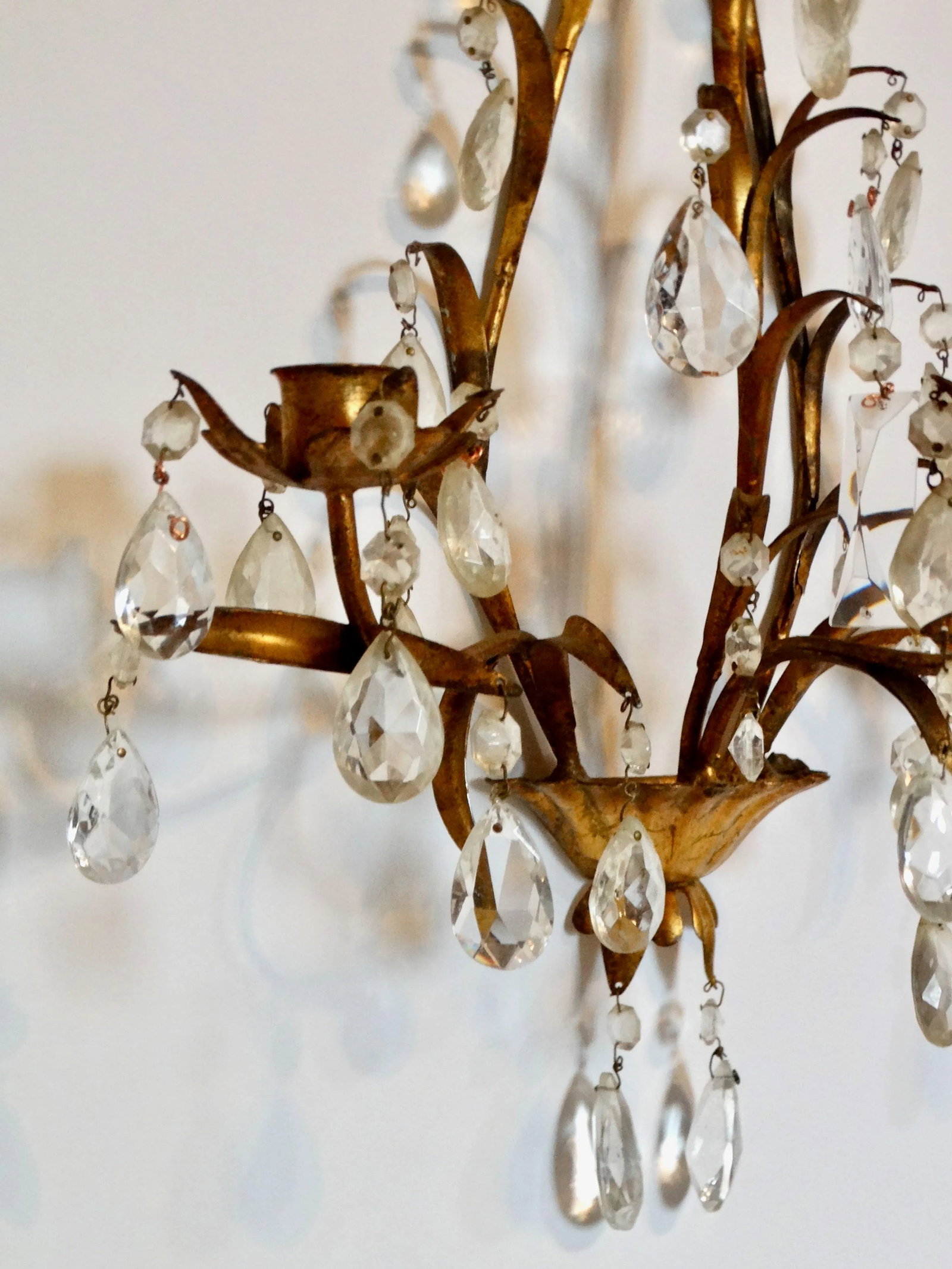 Italian Tole Gold Triple Arm Candle Wall Sconce With Crystals - 5