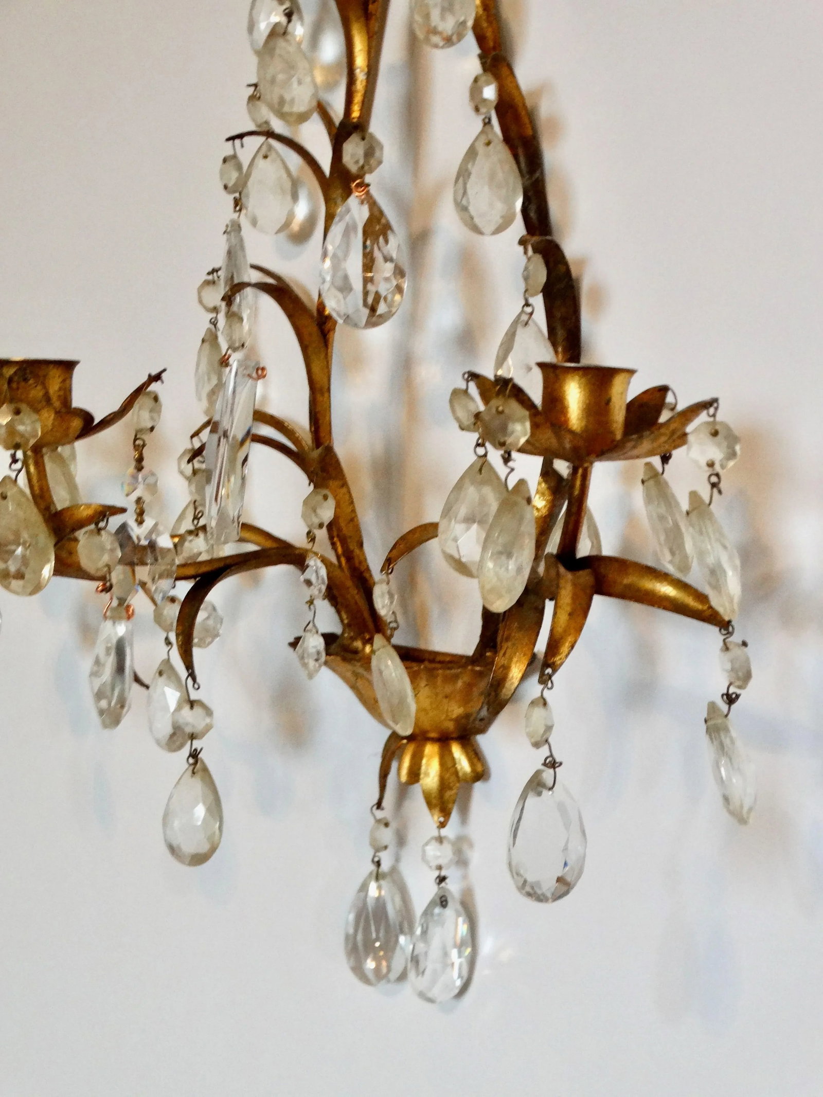 Italian Tole Gold Triple Arm Candle Wall Sconce With Crystals - 6