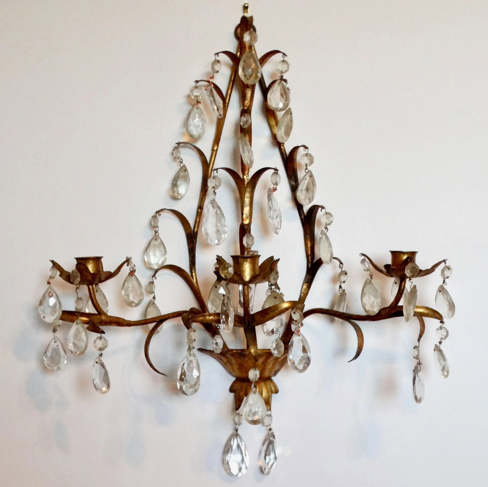 Italian Tole Gold Triple Arm Candle Wall Sconce With Crystals - 7