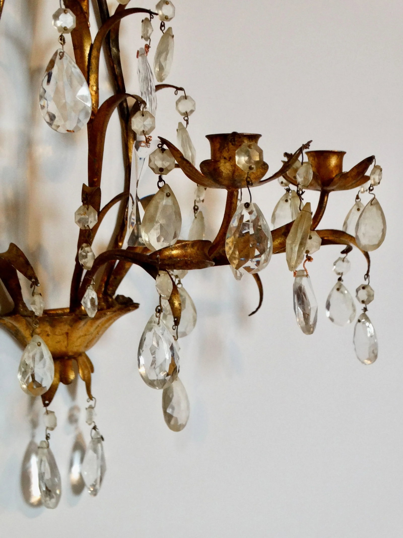 Italian Tole Gold Triple Arm Candle Wall Sconce With Crystals - 8