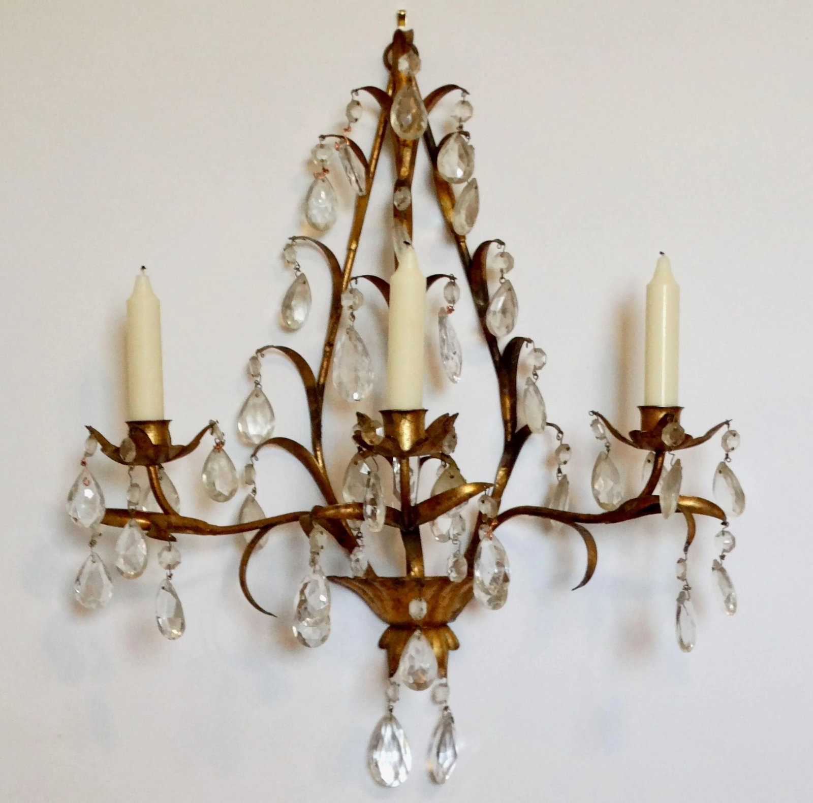 Italian Tole Gold Triple Arm Candle Wall Sconce With Crystals - 9