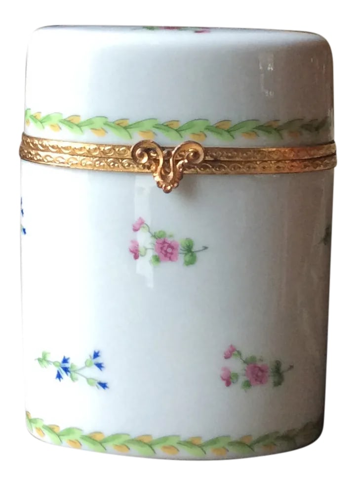 Limoges Porcelain Cigarette Box With Roses & Blue Cornflowers: A Parisian Treasure from Place des Vosges Discovered during an enchanting shopping adventure through Paris's intimate brocantes and village flea markets, this exquisite Bernardaud Limoges porcelain