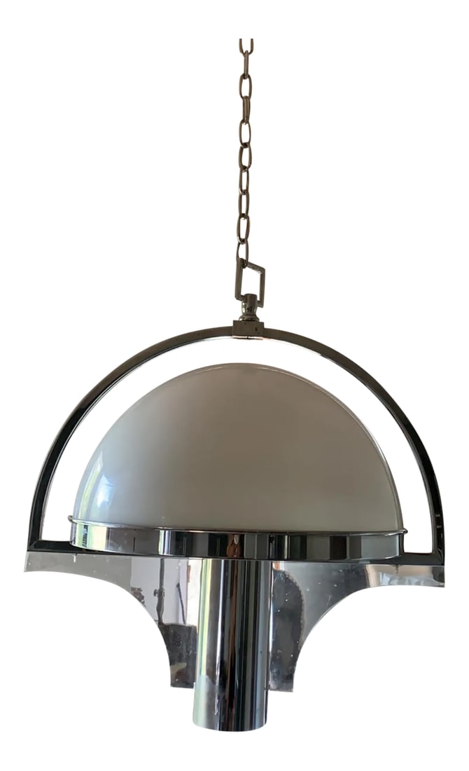 Mid Century Modern Glass Lucite Chrome Pendant Fixture Contemporary: Peill & Putzler Style Glass Lucite Pendant Fixture Chandelier Original a Vintage White Glass Globe With Chrome Silver Space Age Design Has a chain and Cap Worked when removed Chain with cap about 18