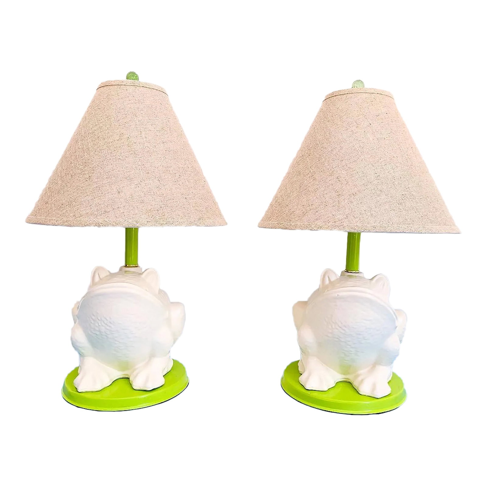 Giant Plaster Frog Lamps & Shades - A Pair: Big pair of creamy white whimsical smiling plaster frog lamps seated upright on lime green painted metal bases with raised textured skin, bulging eyes, and webbed feet. New burlap shades, harps, and