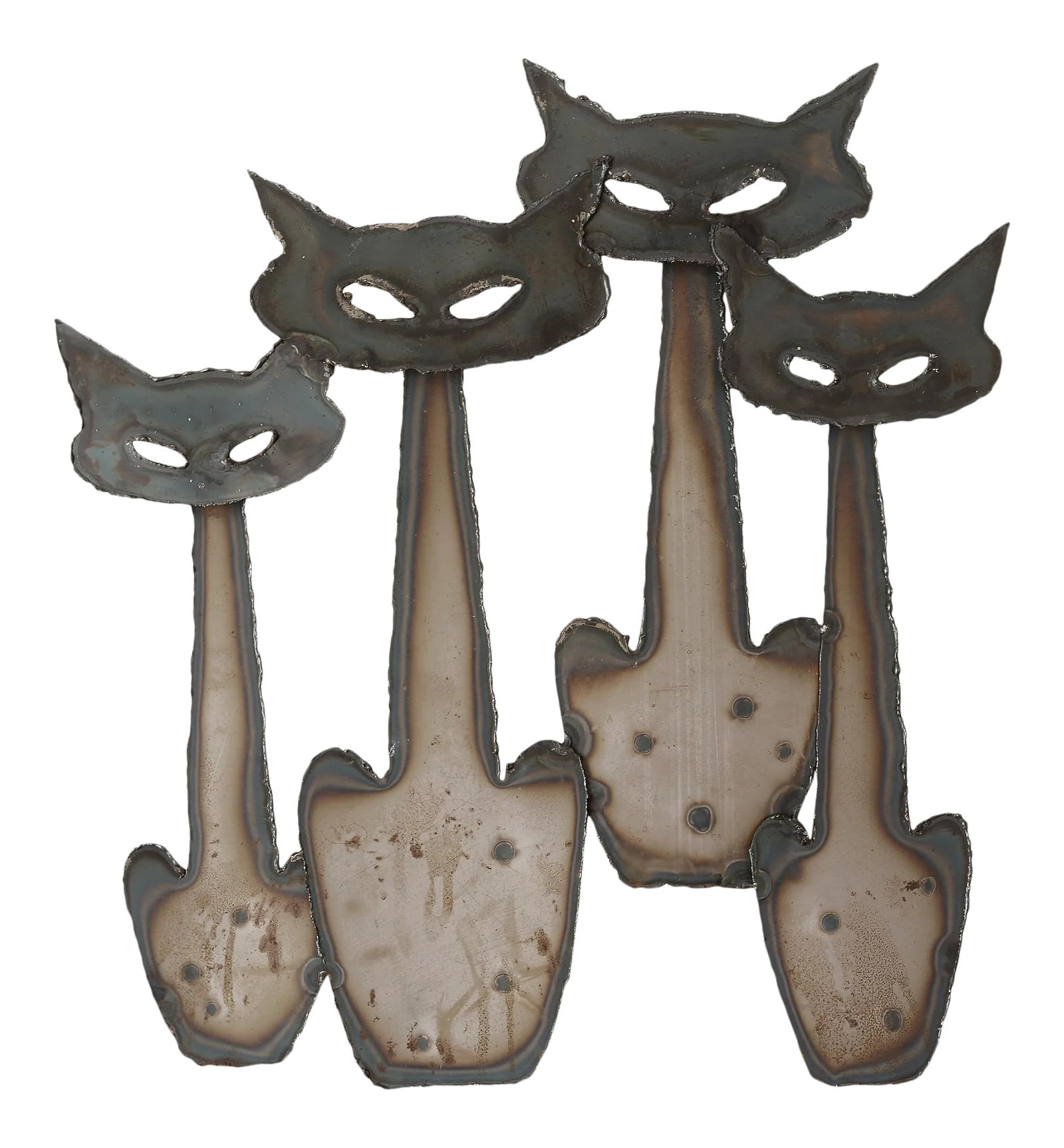 Vintage Mid Century Peter Pepper Products Metal Cats Wall Sculpture: A very rare and super cute vintage metal wall hanging of 4 cats made by Peter Pepper Products from the 1960s. Nice hand-crafted details and full of texture! Metal used is relatively thick and feels