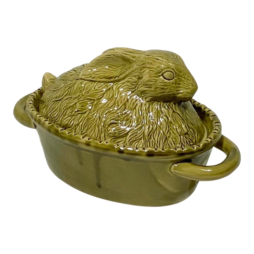 Vintage Green Majolica Rabbit Tureen, French: Vintage French Majolica Rabbit Lidded Tureen/Casserole Expressive Sculptural Rabbit Small & Charming Excellent Vintage Condition Some expected crazing below glaze, no nips, no loss Hand painted,