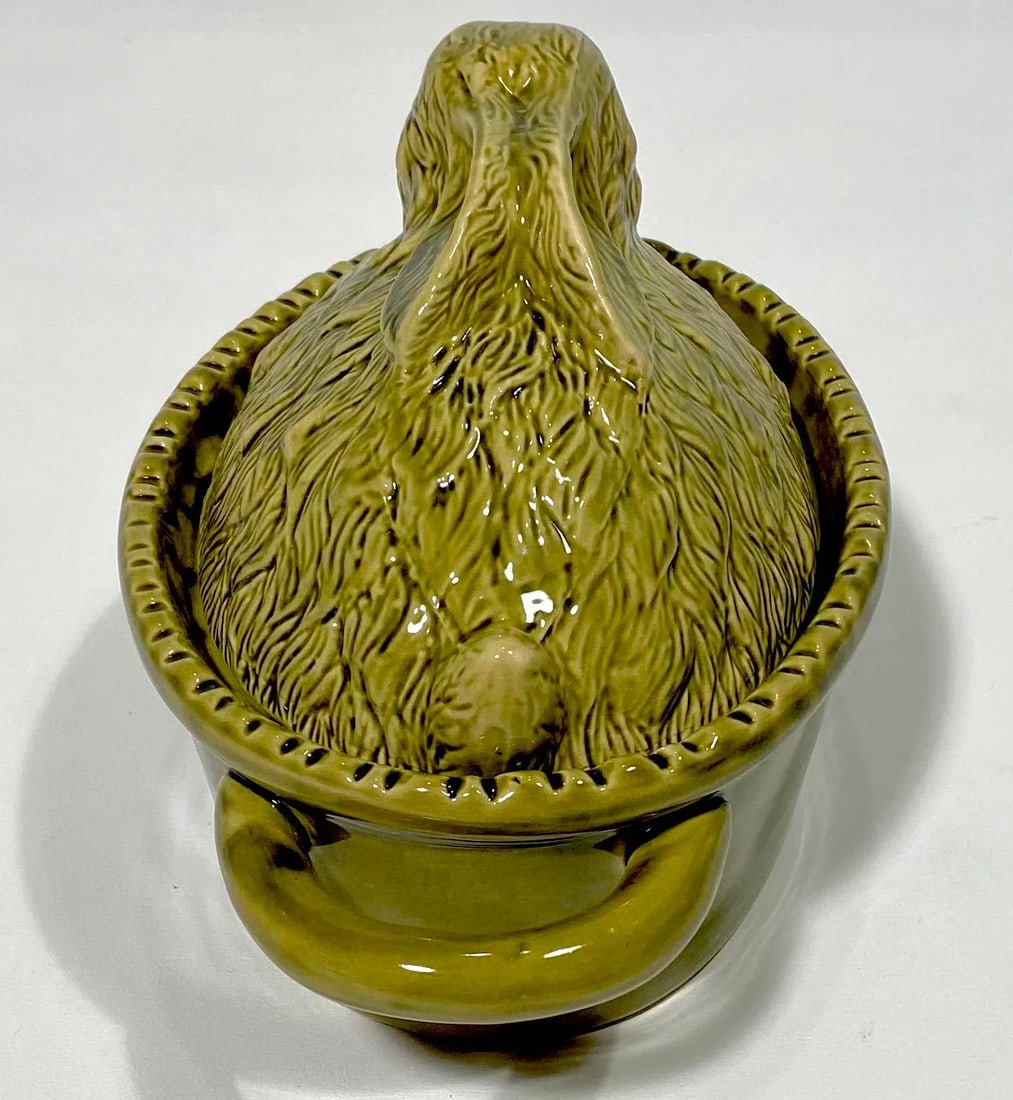 Vintage Green Majolica Rabbit Tureen, French - 3