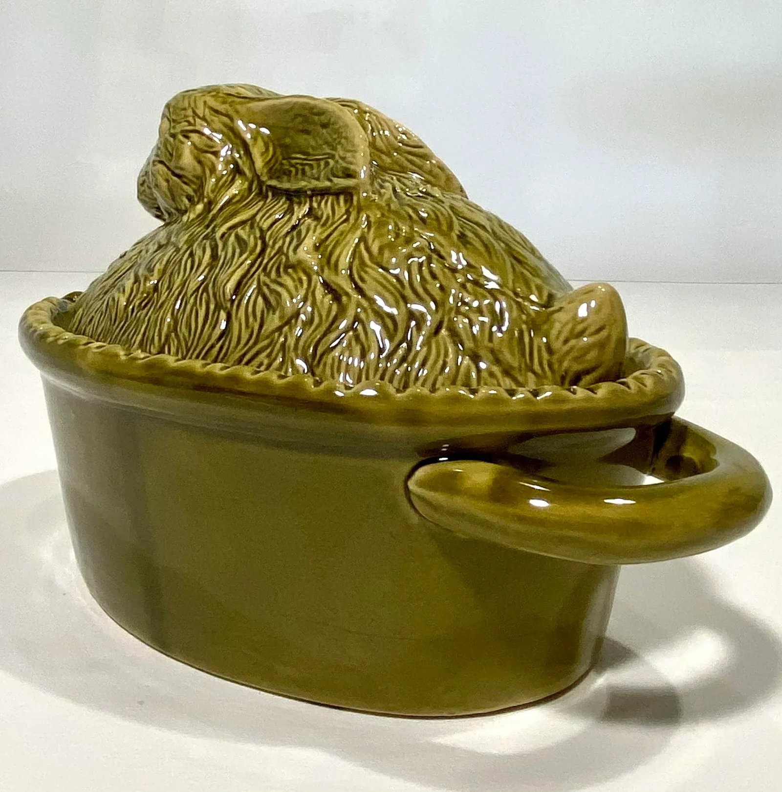 Vintage Green Majolica Rabbit Tureen, French - 4