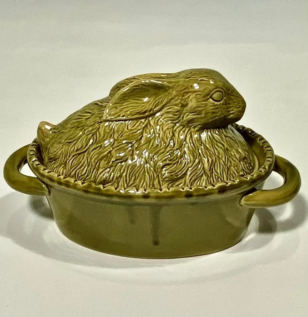 Vintage Green Majolica Rabbit Tureen, French - 5