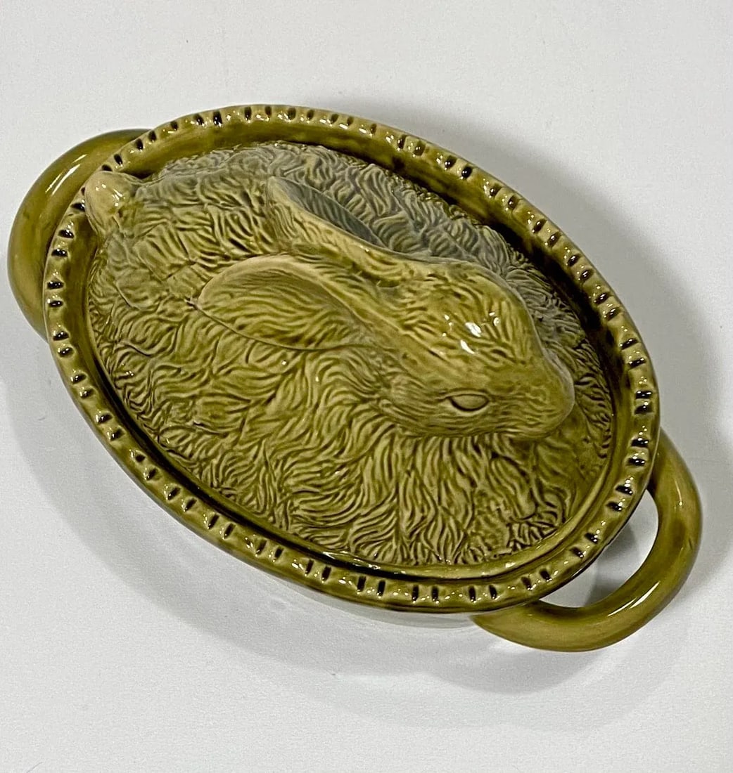 Vintage Green Majolica Rabbit Tureen, French - 7