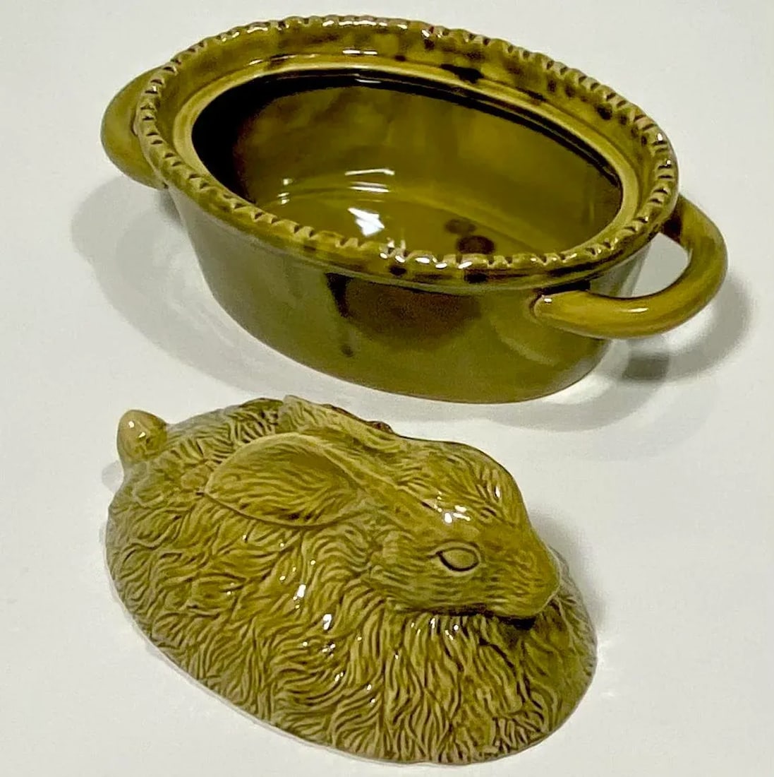 Vintage Green Majolica Rabbit Tureen, French - 8